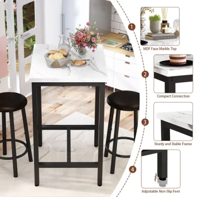 Cvortll 3 Piece Pub Table Sets, 23.6” Square Faux Marble Bar Tables with 2 Barstool, Wood Pub Bar Table Set for Small Spaces, Kitchen, Breakfast