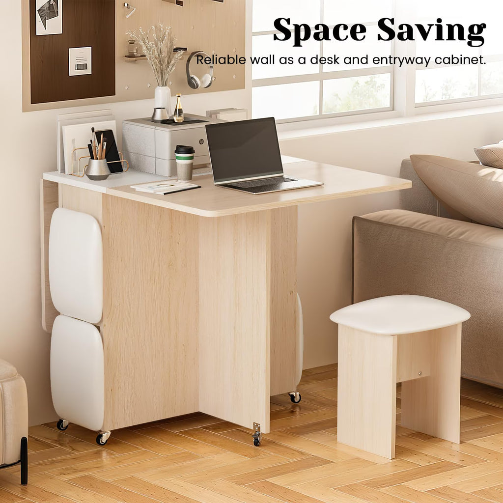 MOOSENG Folding Dining Table Set for 4, Dinner Table with 4 Leather Chairs and Shelves, Space Saving Foldable Dining Table with 6 Wheels, Kitchen Table Set for Small Spaces
