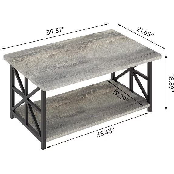 Cvortll Coffee Table with Storage, 2-Tier Modern Center Table for Living Room, [Faux Marble / Grey Wood] Rectangular Tea Table with Safety Rounded Corners, 39" Grey