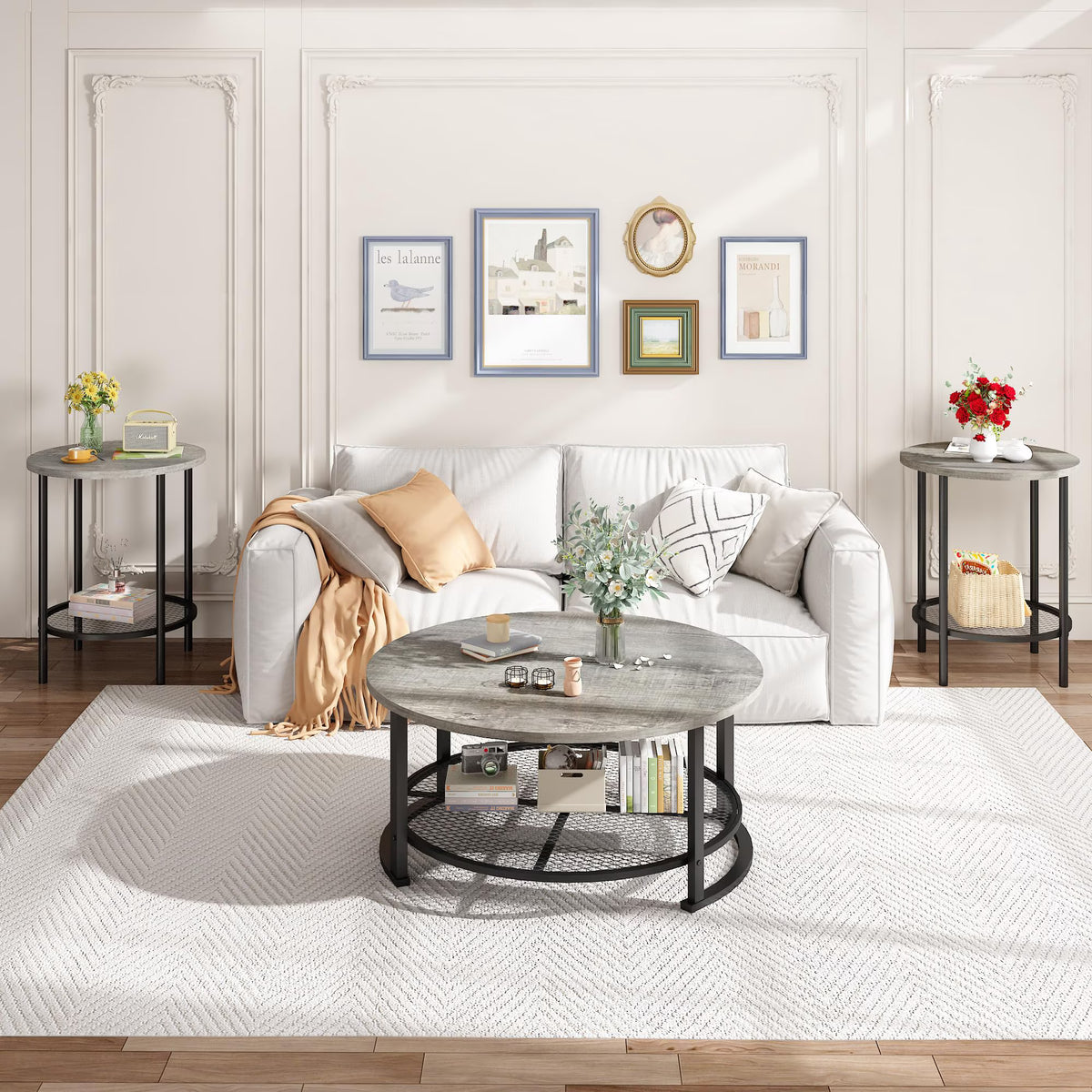 MOOSENG Coffee Table Set of 3, Industrial Vintage Wood Coffee Table with 2 Square End Side Tables, Easy Assembly Living Room Table Set for Offices, Living Rooms and Apartments
