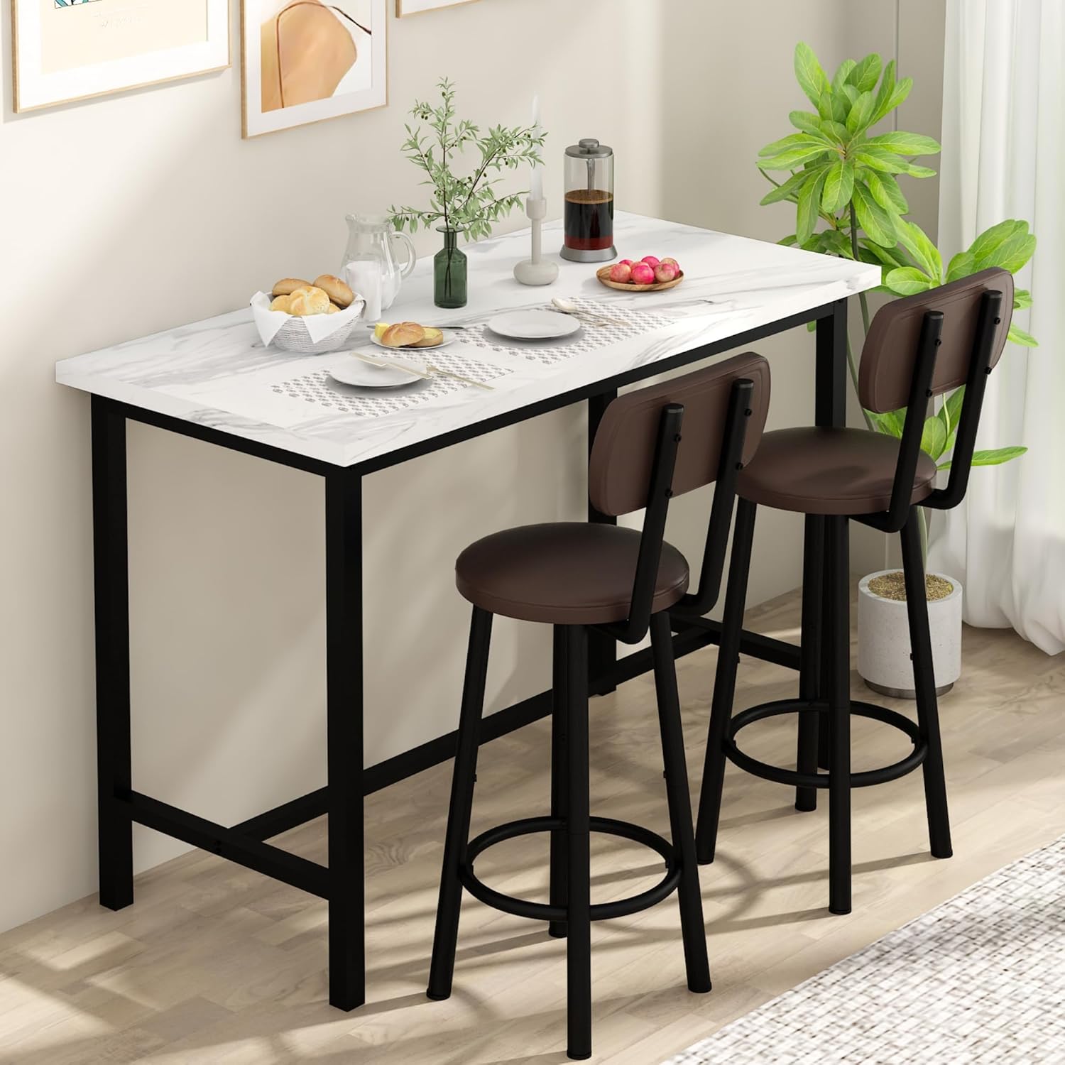 3 Piece Pub Dining Set, 24" Dining Table Set with 2 PU Leather Upholstered Stools, Square Small Space Kitchen Table Pub Set for Apartment Dining Room, Living Room