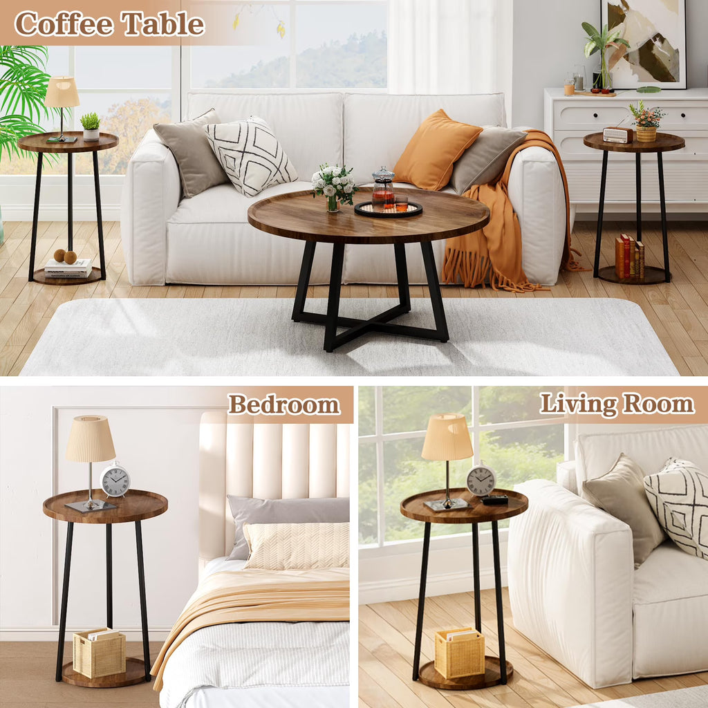 MOOSENG Coffee Table Set of 3, Industrial Vintage Wood Coffee Table with 2 Square End Side Tables, Easy Assembly Living Room Table Set for Offices, Living Rooms and Apartments