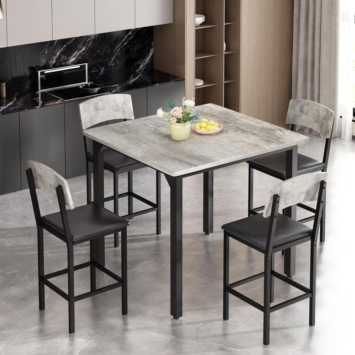 MOOSENG 5-Piece Counter Height Dining Table Set, Square Kitchen Table Set for 4 & 4 Velvet Bar Stools, Modern High Top Compact Dining Set Table for Small Spaces