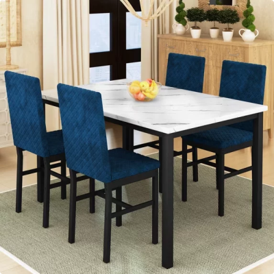 Cvortll Dining Table Set for 4,Faux Marble Kitchen Table with Velvet Upholstered Chairs,Small Dining Room Sets for Small Space Apartment Home,Blue
