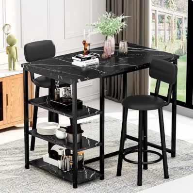 Cvortll Dining Table Set for 2, Marble Counter Height Pub Table with 2 PU Leather Backrest Stools & 3 Storage Shelves, Bar and Chairs Set for Small Space Dining Room, Kitchen, Bar (Black)