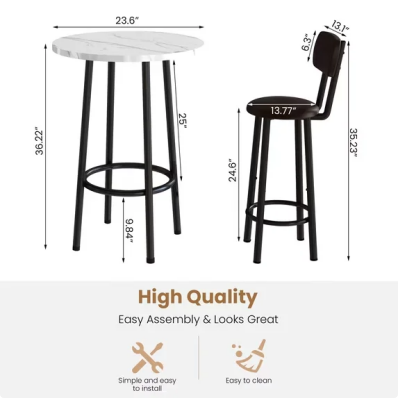 Cvortll 3 Piece Pub Table Sets, 23.6" Round Faux Marble Bar Tables with 2 Barstool, Wood Pub Bar Table Set for Small Spaces, Kitchen, Breakfast