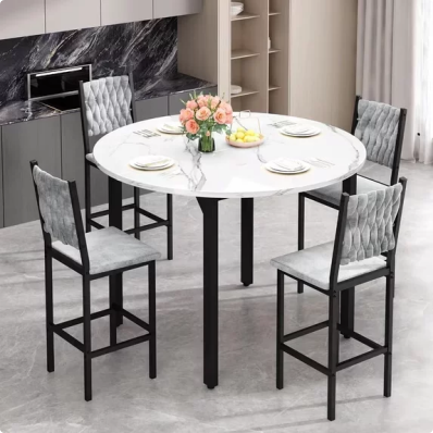 LinkRomat Dining Table Set for 4,Round Kitchen Table Set with 4 Gray hand-woven velvet chairs for Kitchen Breakfast Nook Dining
