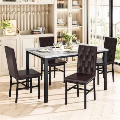 LinkRomat Dining Table Set for 4, Faux Marble Dining Room Table, Kitchen Table Set with 4 PU Leather Upholstered Chairs for Kitchen, Dining (Brown)