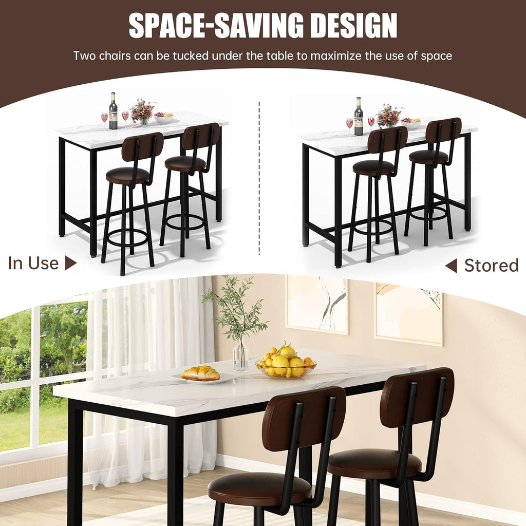 3 Piece Pub Dining Set, 24" Dining Table Set with 2 PU Leather Upholstered Stools, Square Small Space Kitchen Table Pub Set for Apartment Dining Room, Living Room