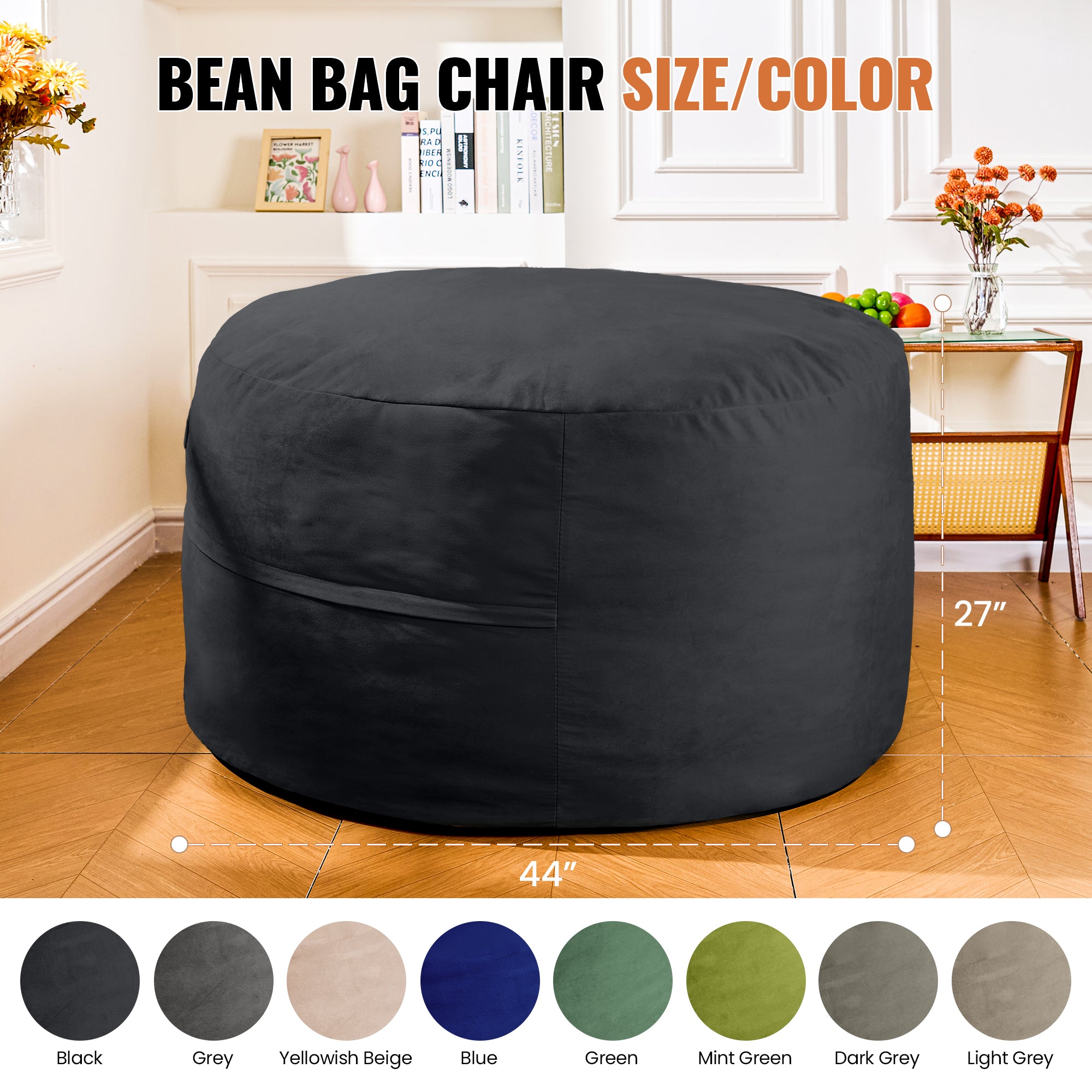 4FT Bean Bag Chair, Minimalist Bean Bag with Velvet Cover, Fluffy and Comfy Bean Bag for Adults, Bean Bag Sofa Filled with High-Density Sponge for Gaming (Yellowish Beige)