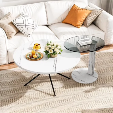 LinkRomat 2-Piece Round Coffee Table Set，Modern Marble & Glass Tops with Metal Legs for Living Room, Bedroom, Balcony