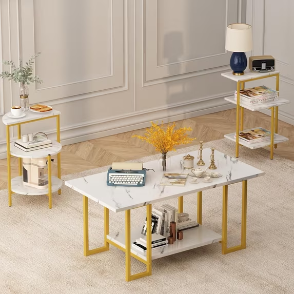 LinkRomat Coffee Table Set of 3, Faux Marble Top with Metal Frame, Includes Coffee Table & 2 Side Tables for Living Room（White & Black）