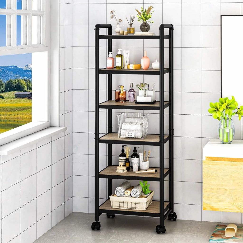 LTTROMAT Slim Rolling Storage Cart 6 Tier Bathroom Organizer Mobile Shelving Unit Utility Cart Tower Rack for Kitchen Laundry Narrow Places, Black