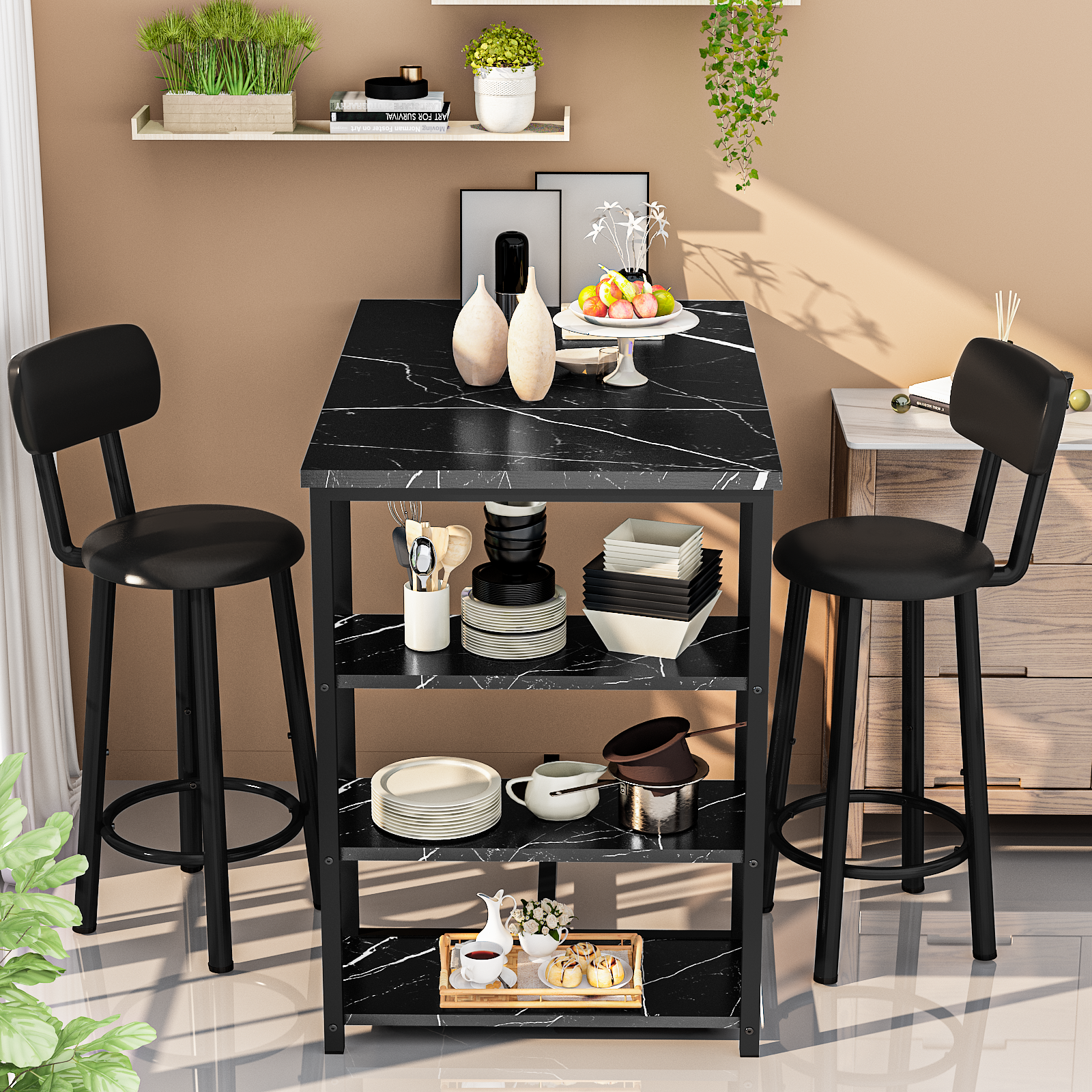 LinkRomat 7-Piece Dining Table Set for 6 with Faux Leather Chairs, Modern Kitchen & Dining Room Table Set, Rectangular Dinner Table and Chairs for 6 People