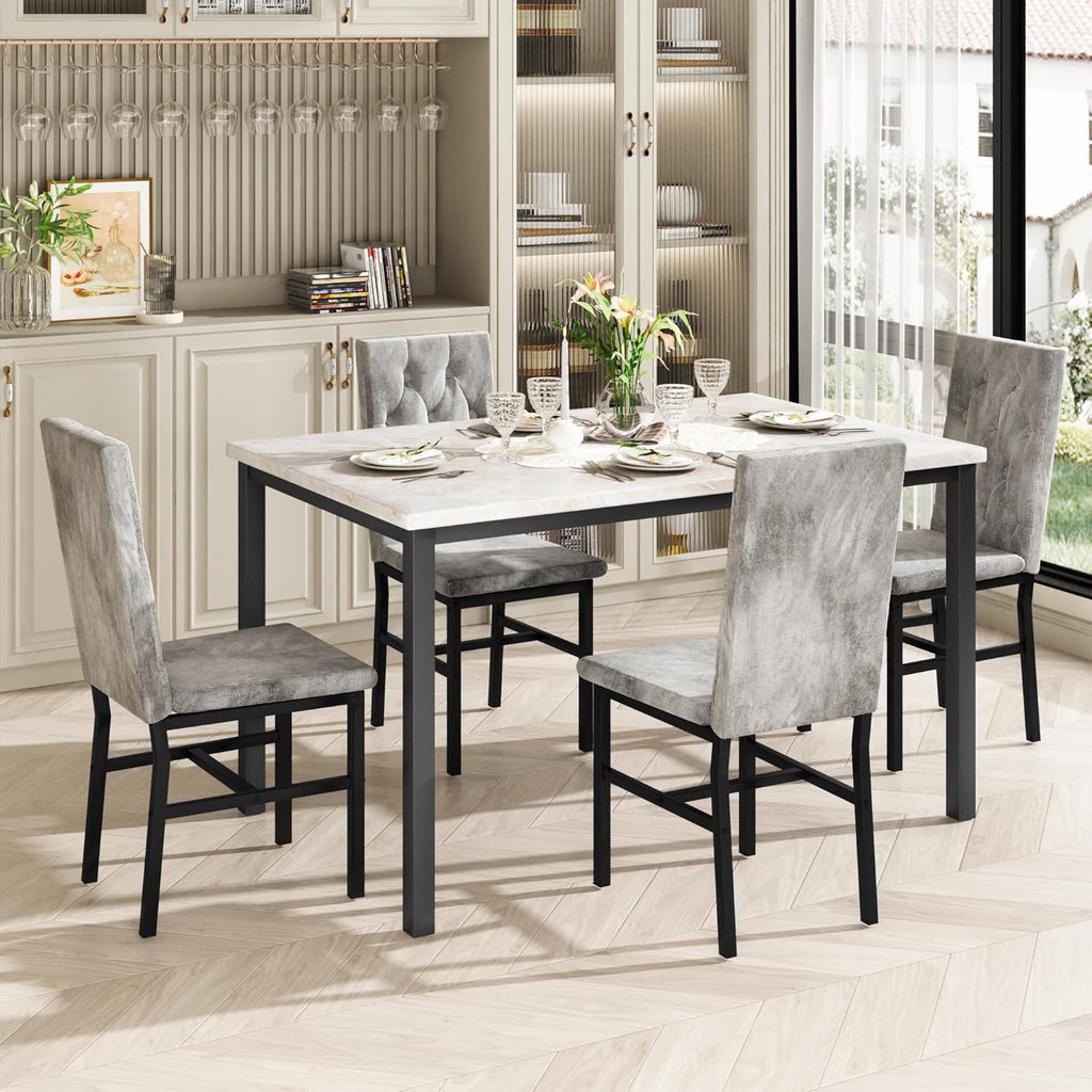 LinkRomat Dining Table Set for 4, Faux Marble Kitchen Table and Chairs, 5 Piece Small Dining Room Set with Button Tufted Upholstered Chairs
