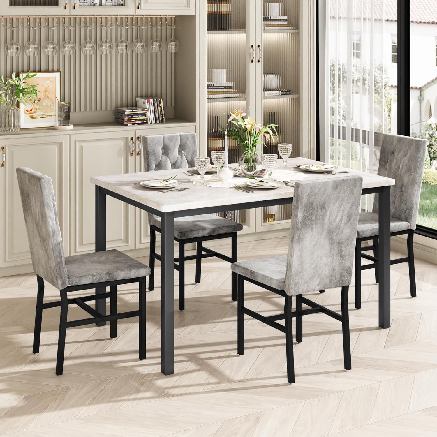 LinkRomat Dining Table Set for 4, Faux Marble Kitchen Table and Chairs, 5 Piece Small Dining Room Set with Button Tufted Upholstered Chairs