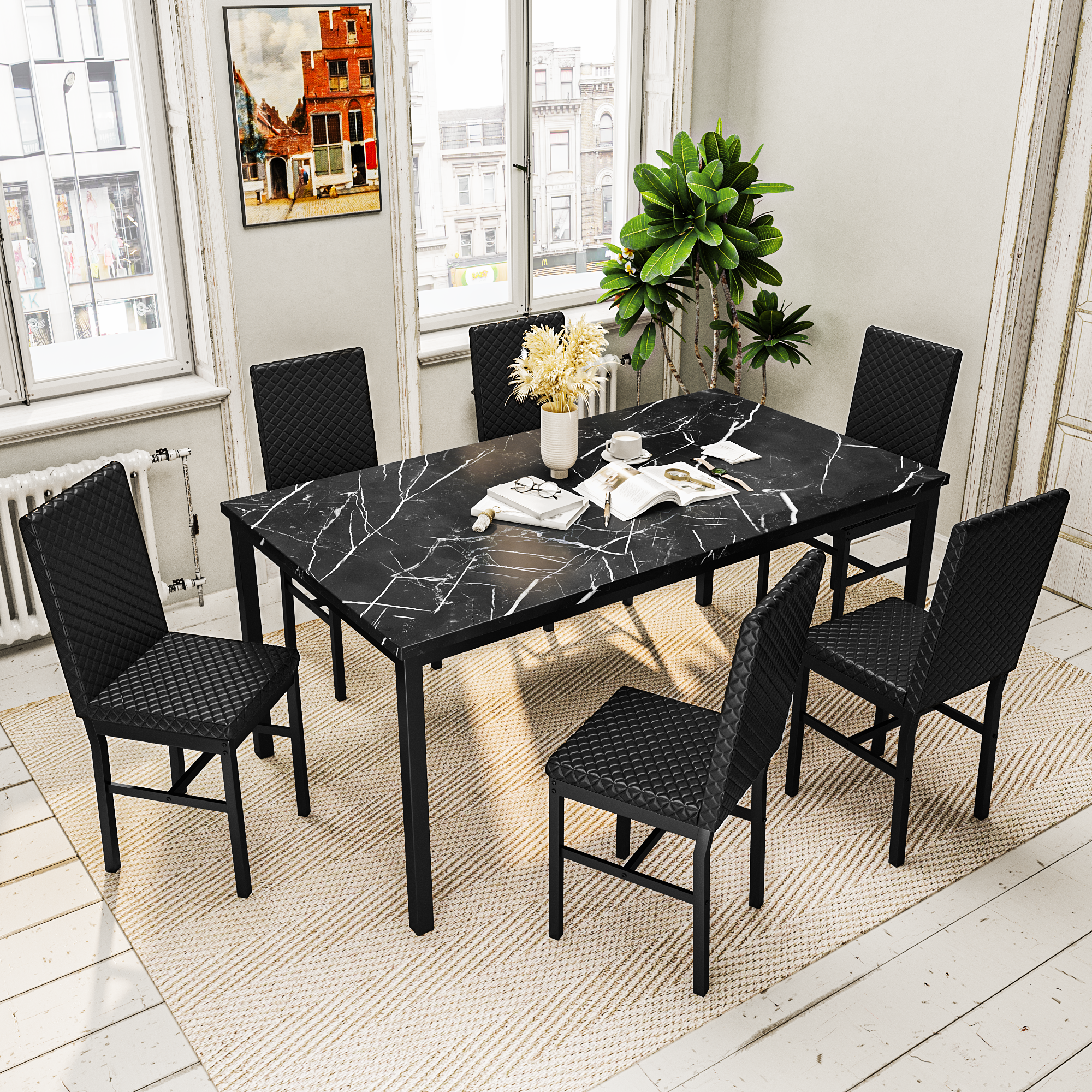 LinkRomat Modern 7 Piece Dining Room Sets for 6, Table Dining Set for 6, Faux Marble Kitchen Table PU Leather Chair for Apartment, Dining Room
