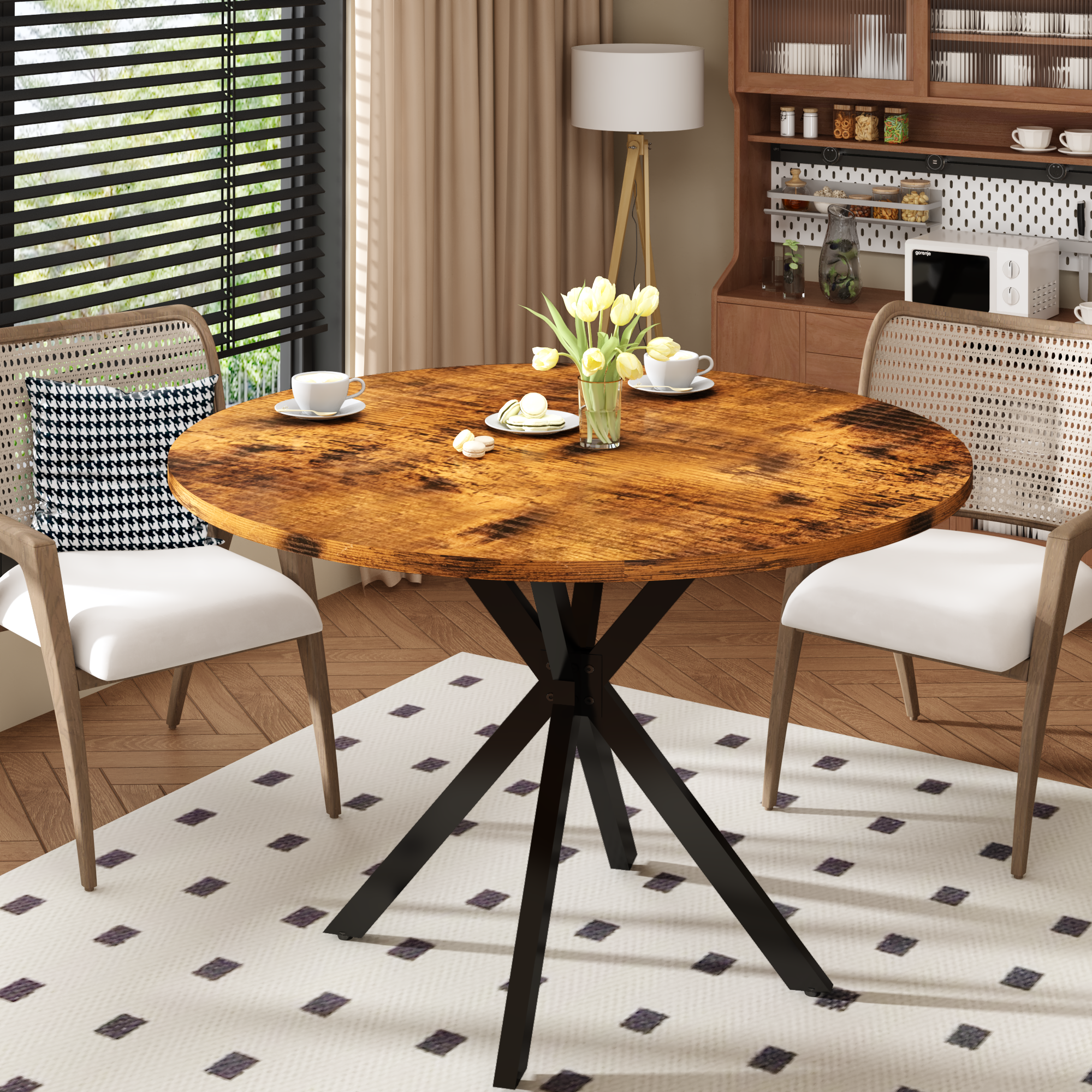 LinkRomat Mid-Century Round Kitchen Table, 39" Leisure Dining Table with 1.18" Thick Top & Black Metal Legs for 4–5 People, Walnut