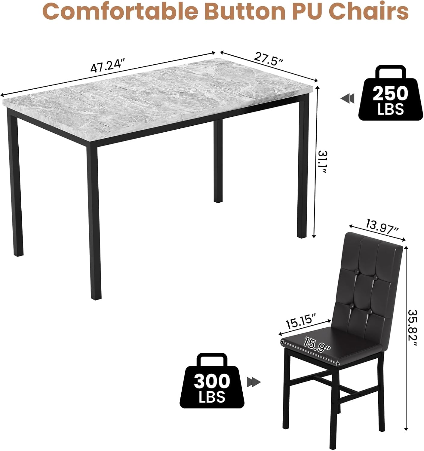 LinkRomat Modern Dining Table Set, Grey Faux Marble Rectangular Table Set and 4 Black PU Cushion Chairs, Dining Room Home Furniture for Small Space