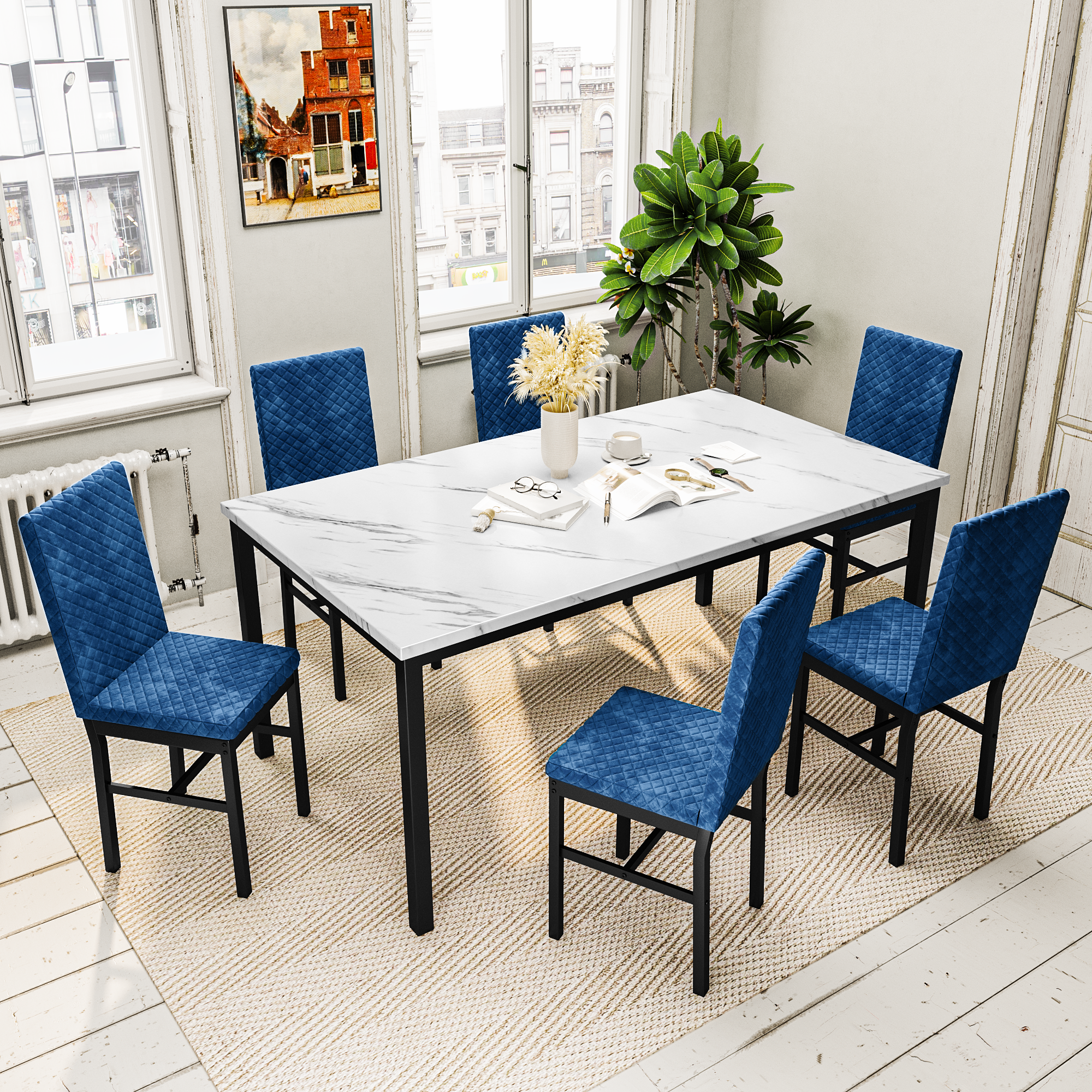 LinkRomat Modern 7 Piece Dining Room Sets for 6, Table Dining Set for 6, Faux Marble Kitchen Table PU Leather Chair for Apartment, Dining Room