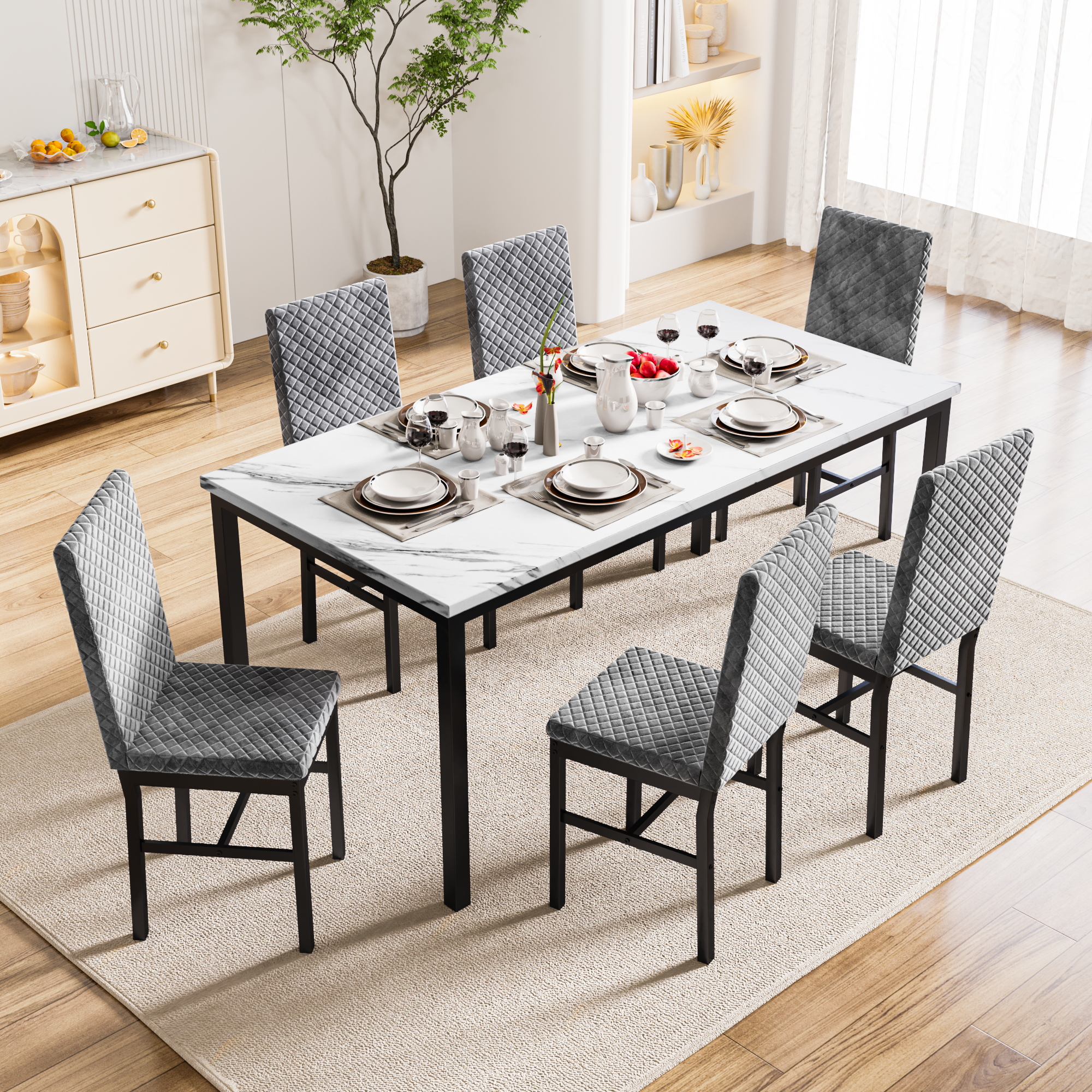 LinkRomat Modern 7 Piece Dining Room Sets for 6, Table Dining Set for 6, Faux Marble Kitchen Table PU Leather Chair for Apartment, Dining Room