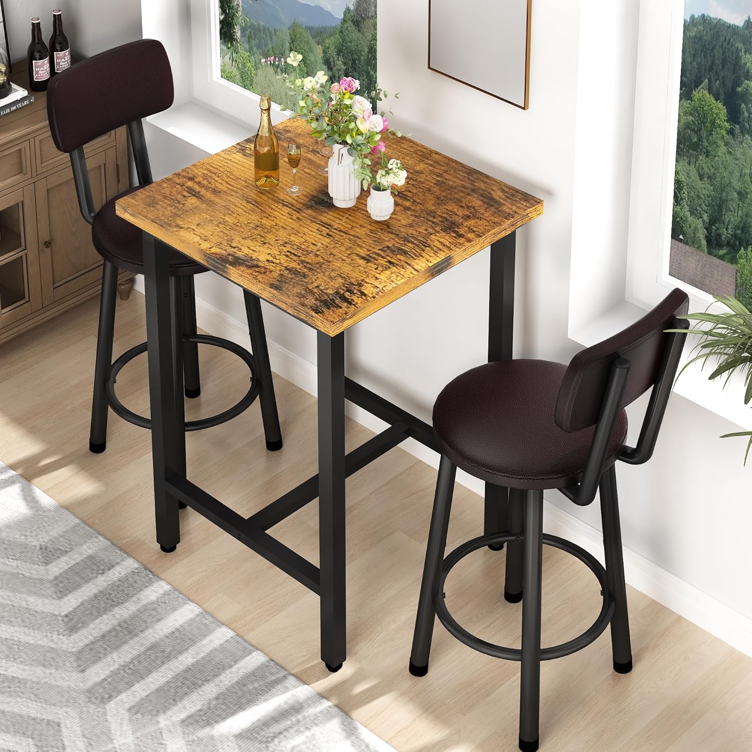 3 Piece Pub Dining Set, 24" Dining Table Set with 2 PU Leather Upholstered Stools, Square Small Space Kitchen Table Pub Set for Apartment Dining Room, Living Room