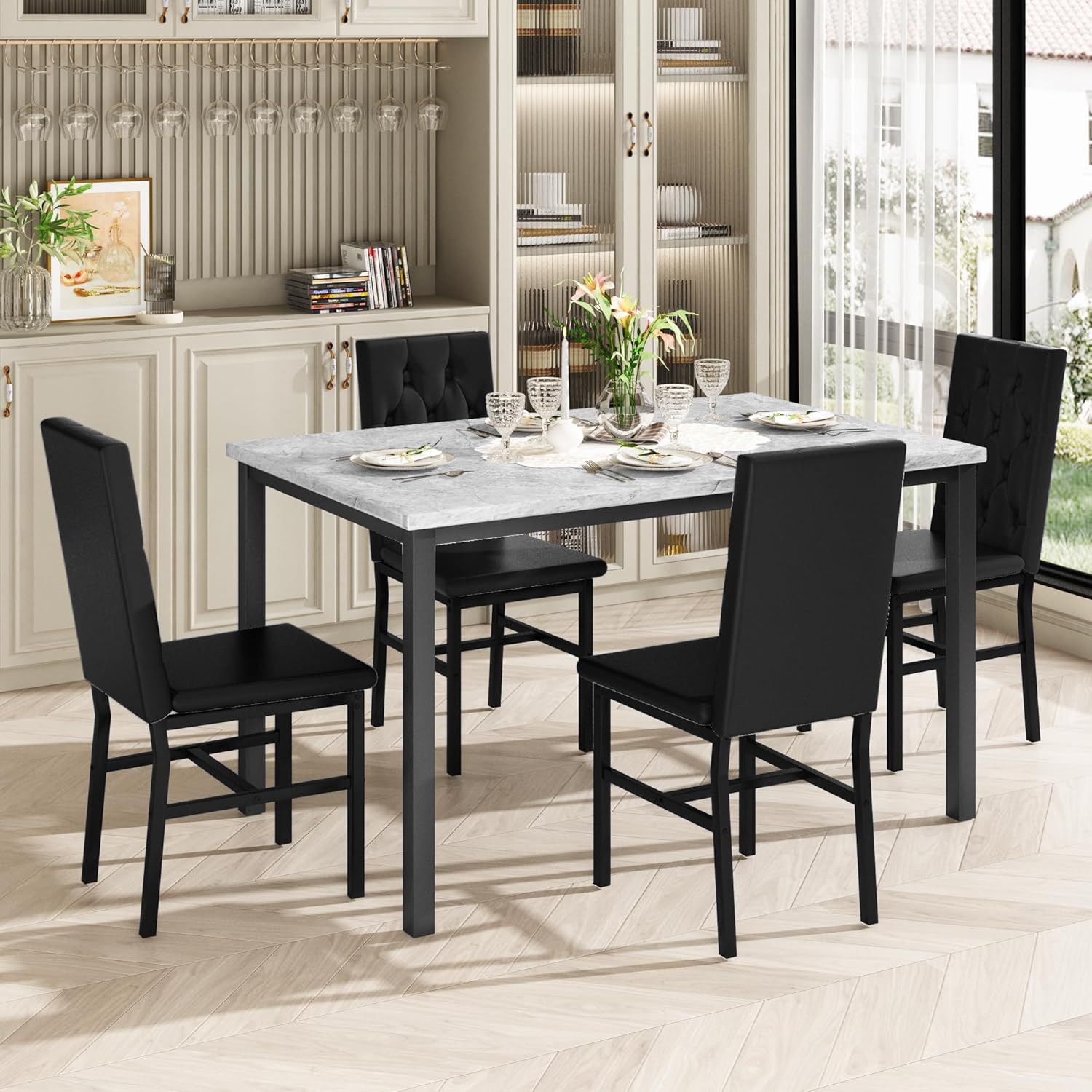LinkRomat Dining Table Set for 4, Faux Marble Kitchen Table and Chairs, 5 Piece Small Dining Room Set with Button Tufted Upholstered Chairs