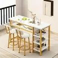 LinkRomat Bar Table and Chairs Set for 2, Marble Kitchen Island Table with 2 PU Bar Stools, Tall Kitchen Table and Chairs with Storage for Small Spaces, Home & Apartment, White