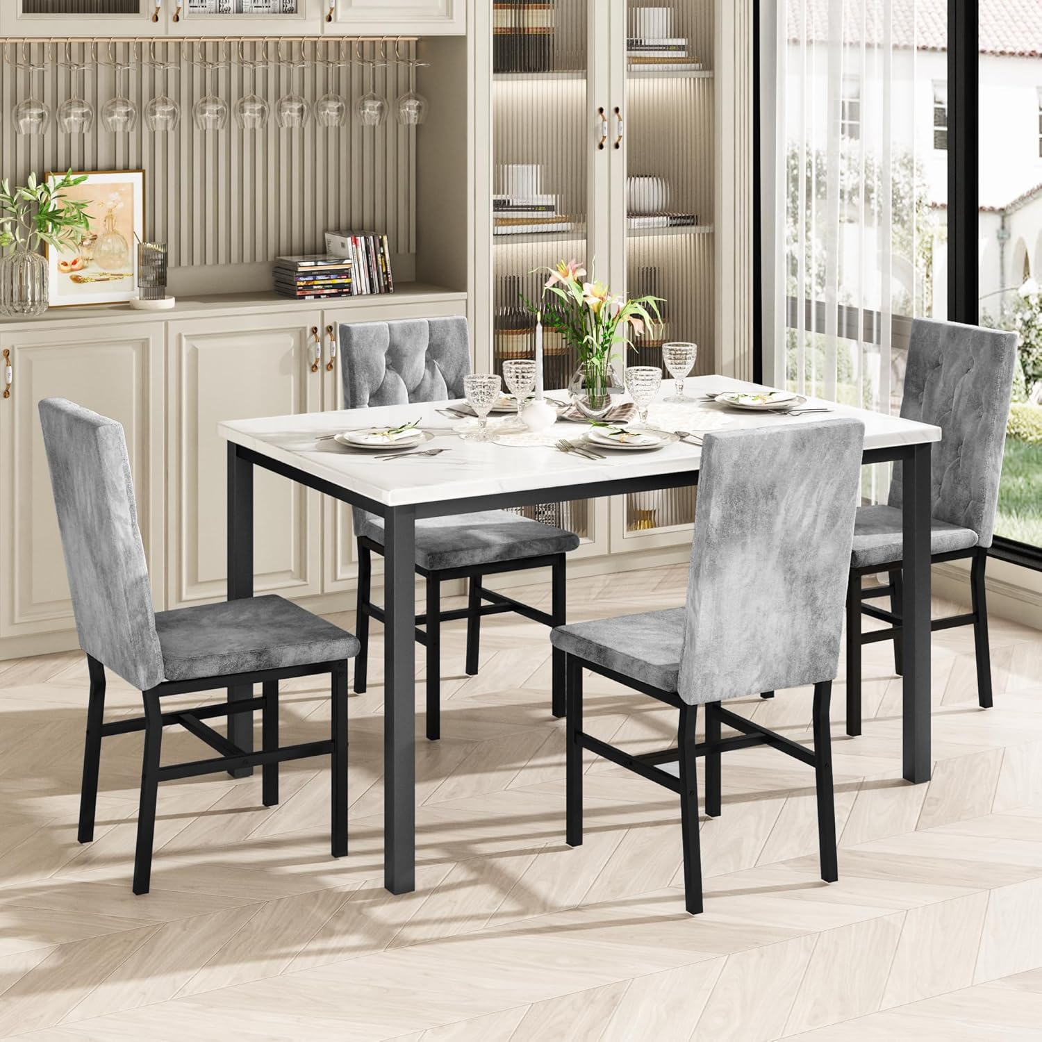 LinkRomat Dining Table Set for 4, Faux Marble Kitchen Table and Chairs, 5 Piece Small Dining Room Set with Button Tufted Upholstered Chairs