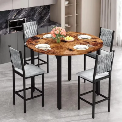 LinkRomat Dining Table Set for 4,Round Kitchen Table Set with 4 Gray hand-woven velvet chairs for Kitchen Breakfast Nook Dining(Walnut & Gray)