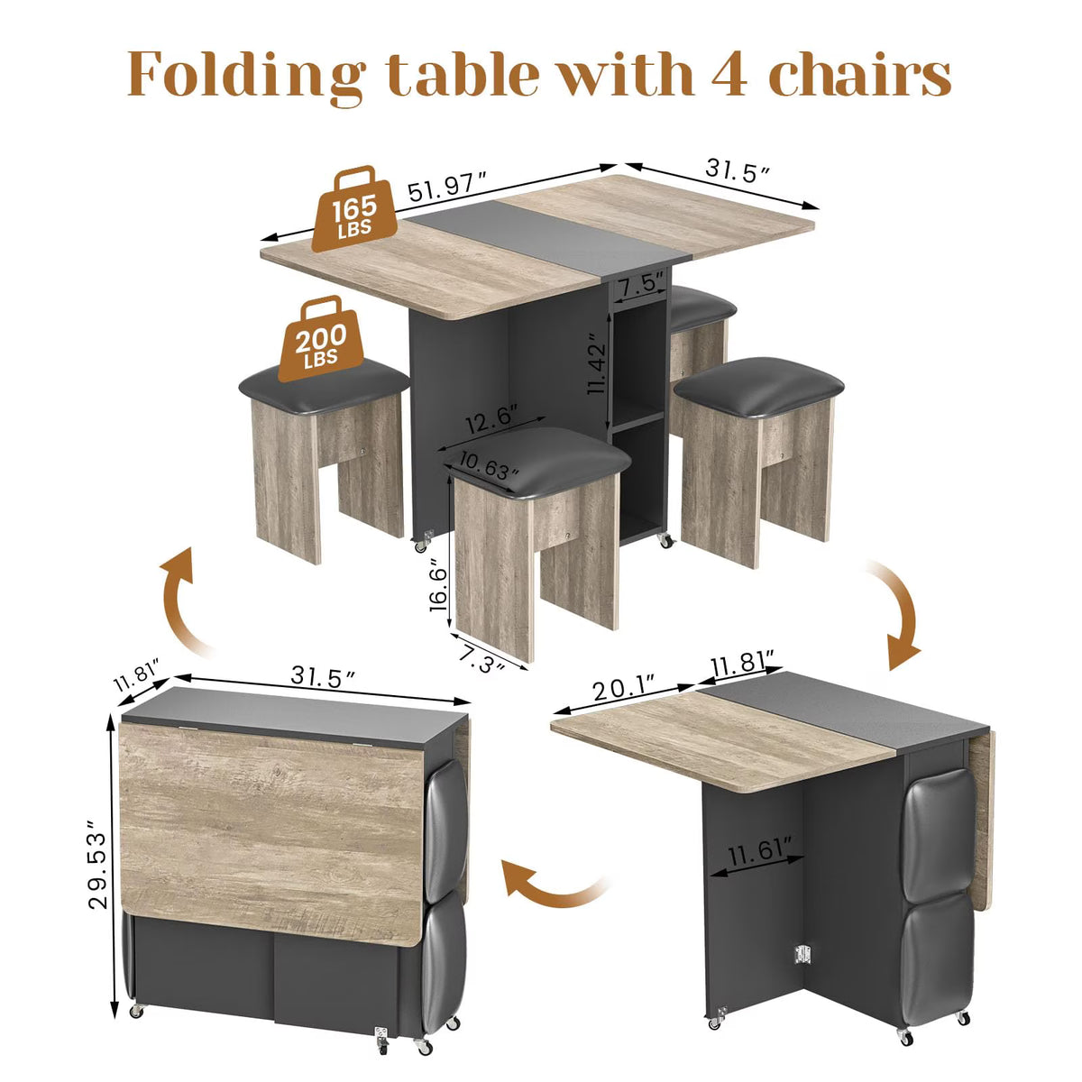 MOOSENG Folding Dining Table Set for 4, Dinner Table with 4 Leather Chairs and Shelves, Space Saving Foldable Dining Table with 6 Wheels, Kitchen Table Set for Small Spaces