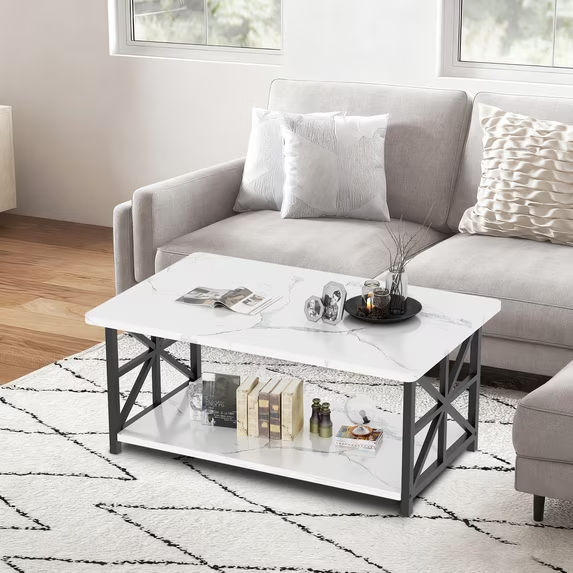 Cvortll Coffee Table Round Corners, 2 Tier Living Room Table with Storage Shelf, Rectangular Tabletop Center Desk for Small Spaces, White