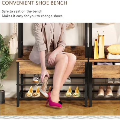 LinkRomat 5-in-1 Hall Tree with Bench, Entryway Coat Rack with 12 Hooks, Industrial Shoe Storage Shelf & Drawer, Anti-Tip Freestanding Mudroom Organizer