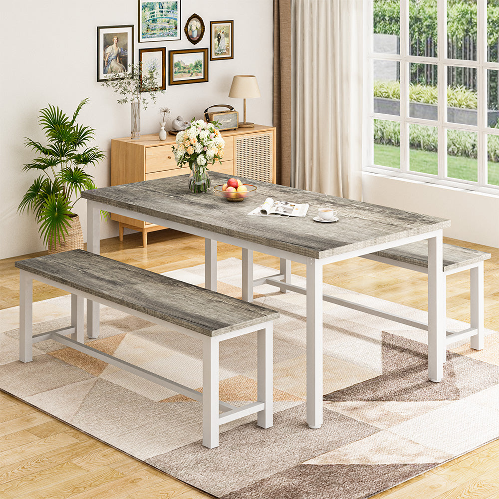 LinkRomat 3 Piece Dining Room Table Set for 4, 47" Farmhouse Dining Table with Benches, Rectangular Kitchen Sets for Small Space, Apartment, Restaurant