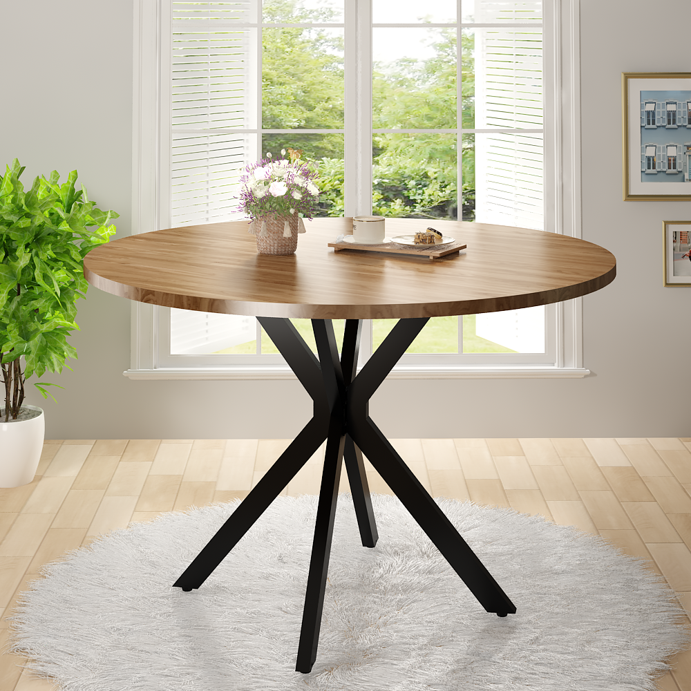 LinkRomat Mid-Century Round Kitchen Table, 39" Leisure Dining Table with 1.18" Thick Top & Black Metal Legs for 4–5 People, Walnut