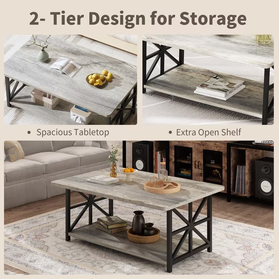 Cvortll Coffee Table Round Corners, 2 Tier Living Room Table with Storage Shelf, Rectangular Tabletop Center Desk for Small Spaces, Grey