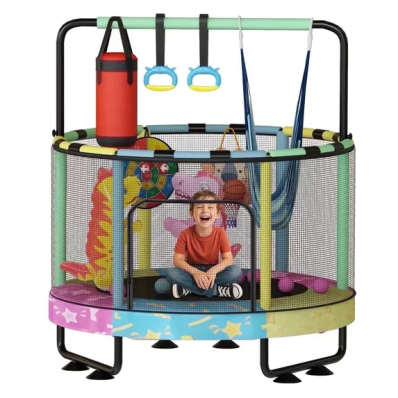 LinkRomat Round Trampoline for Kids, Indoor & Outdoor Toddler Trampoline with Enclosure, Adjustable Height Handrail & Durable Designs for Boys & Girls, 500lbs Capacity, 7-in-1, 55"
