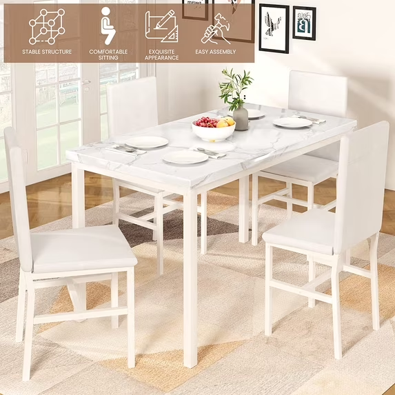 Cvortll 5 Piece Dining Room Furniture Table Set，30.1” H Faux Marble Tabletop and 4 PU Leather Chairs