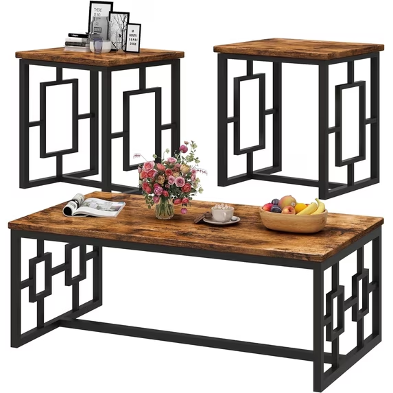 Recaceik Square Hollow 3 Piece Living Room Wooden Coffee Table Set, Two End Slides Rustic Brown