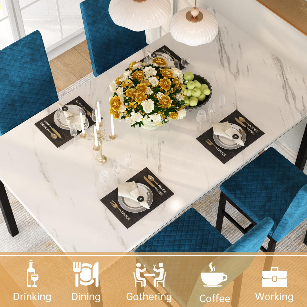 MOOSENG Small Dining Table Set for 4, 5 Pieces Dining Room Sets with Faux Marble Table & Velvet Chairs, Modern Kitchen Table Set with Chair for 4