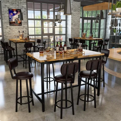 7-Piece Dining Table Set for 6, 50" Wood High-Dining Bistro Set with 6 Backrest Cushion Stools, Saving Space Pub and Chairs Sets for Bar, Kitchen, Brown