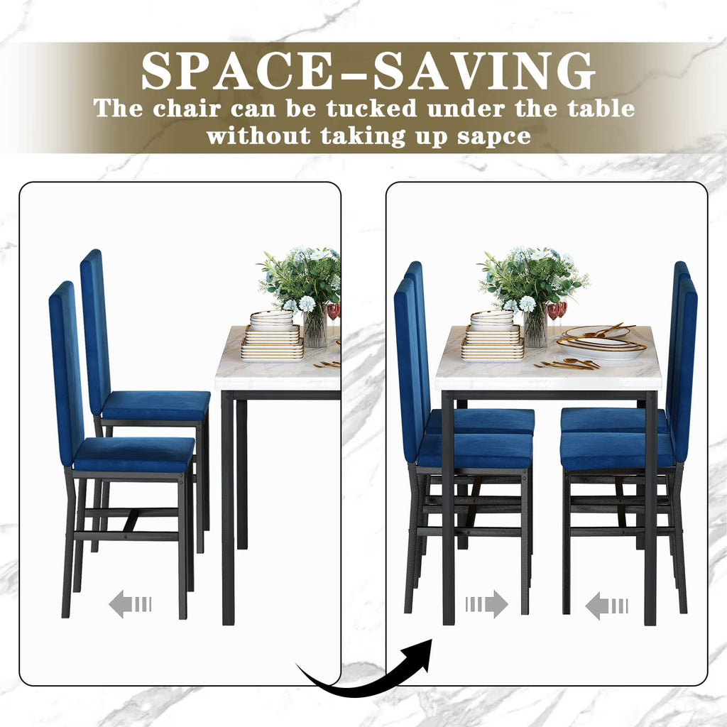 MOOSENG Small Dining Table Set for 4, 5 Pieces Dining Room Sets with Faux Marble Table & Velvet Chairs, Modern Kitchen Table Set with Chair for 4