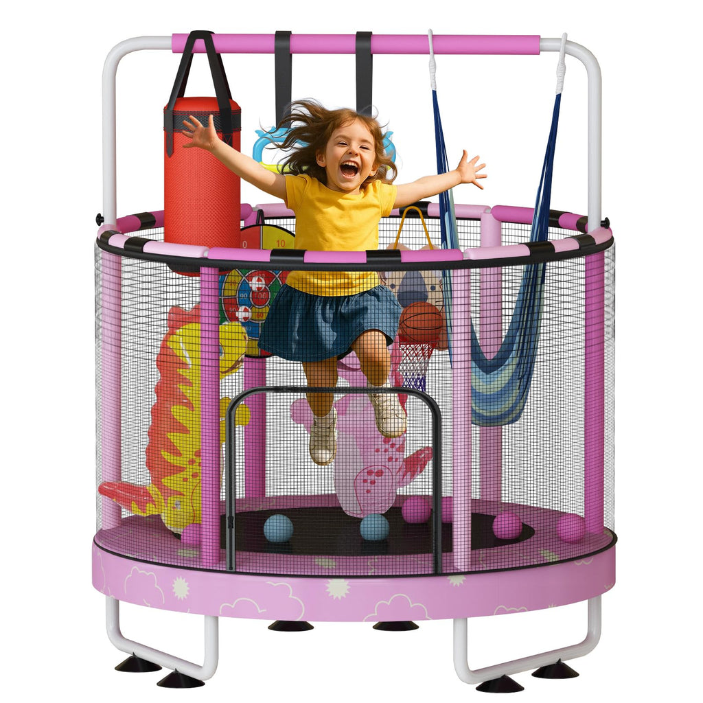 LinkRomat Round Trampoline for Kids, Indoor & Outdoor Toddler Trampoline with Enclosure, Adjustable Height Handrail & Durable Designs for Boys & Girls, 450lbs Capacity, 7-in-1, 55"
