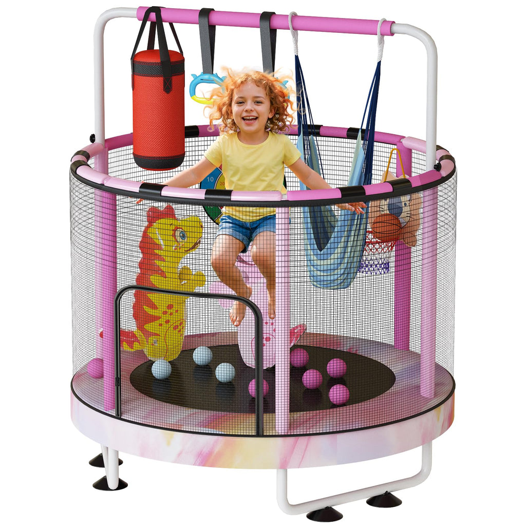 LinkRomat Round Trampoline for Kids, Indoor & Outdoor Toddler Trampoline with Enclosure, Adjustable Height Handrail & Durable Designs for Boys & Girls, 450lbs Capacity, 7-in-1, 55"