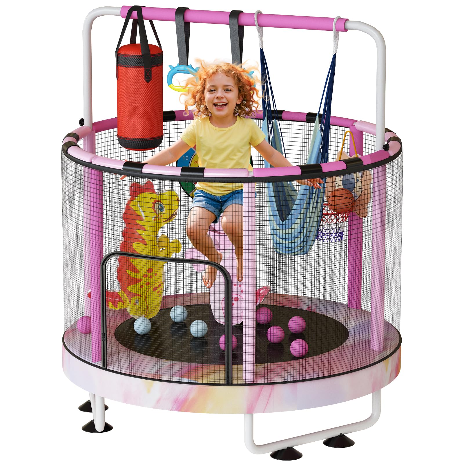 LinkRomat Round Trampoline for Kids, Indoor & Outdoor Toddler Trampoline with Enclosure, Adjustable Height Handrail & Durable Designs for Boys & Girls, 450lbs Capacity, 7-in-1, 55"