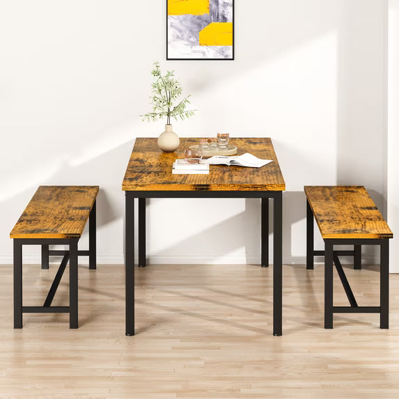 Cvortll Farmhouse Dining Table Set for 4, Small Kitchen Table Set with 2 Benches for Apartment Dining Room, Brown