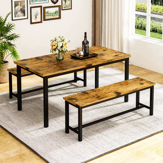 Cvortll Farmhouse Dining Table Set for 4, Small Kitchen Table Set with 2 Benches for Apartment Dining Room, Brown