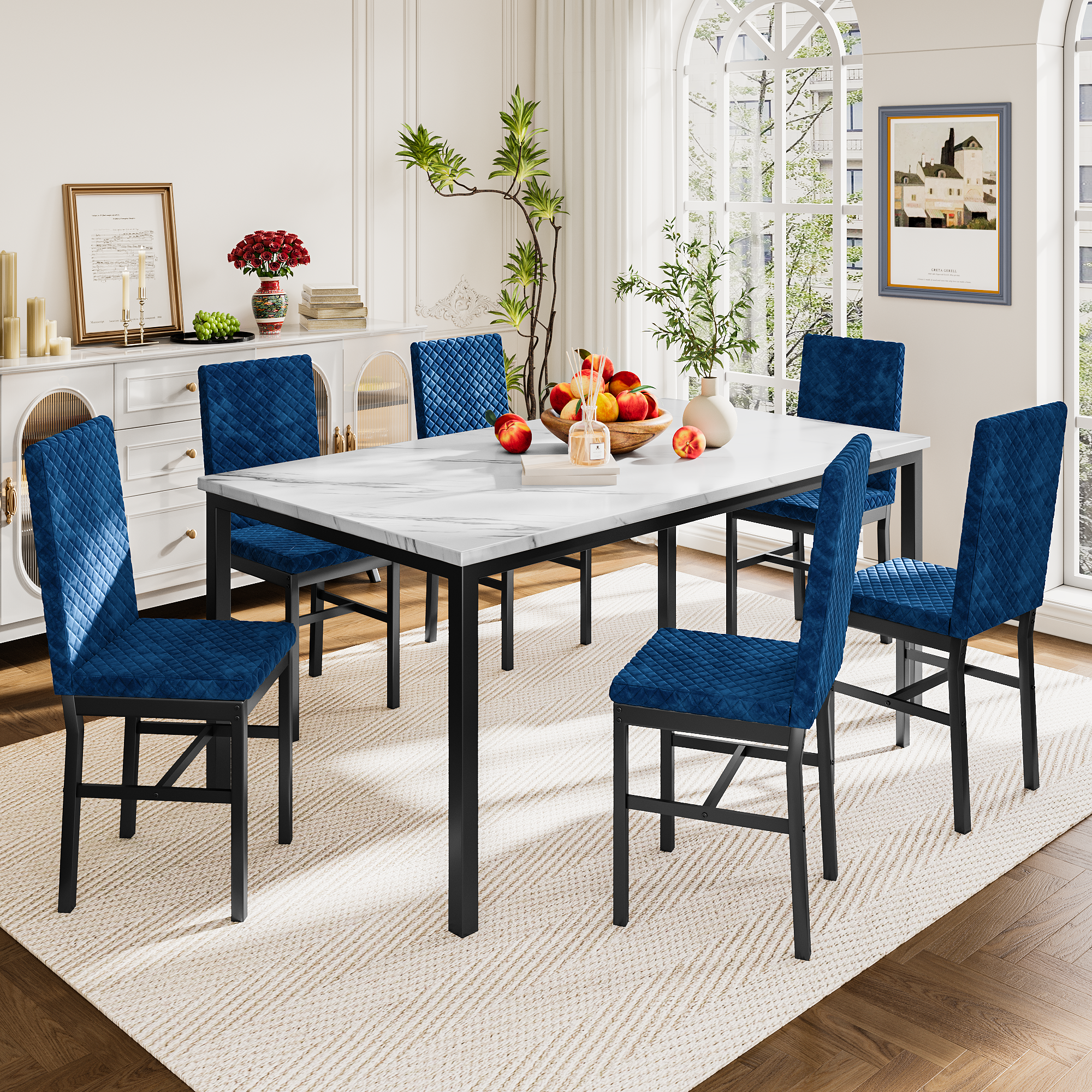 LinkRomat Modern 7 Piece Dining Room Sets for 6, Table Dining Set for 6, Faux Marble Kitchen Table PU Leather Chair for Apartment, Dining Room