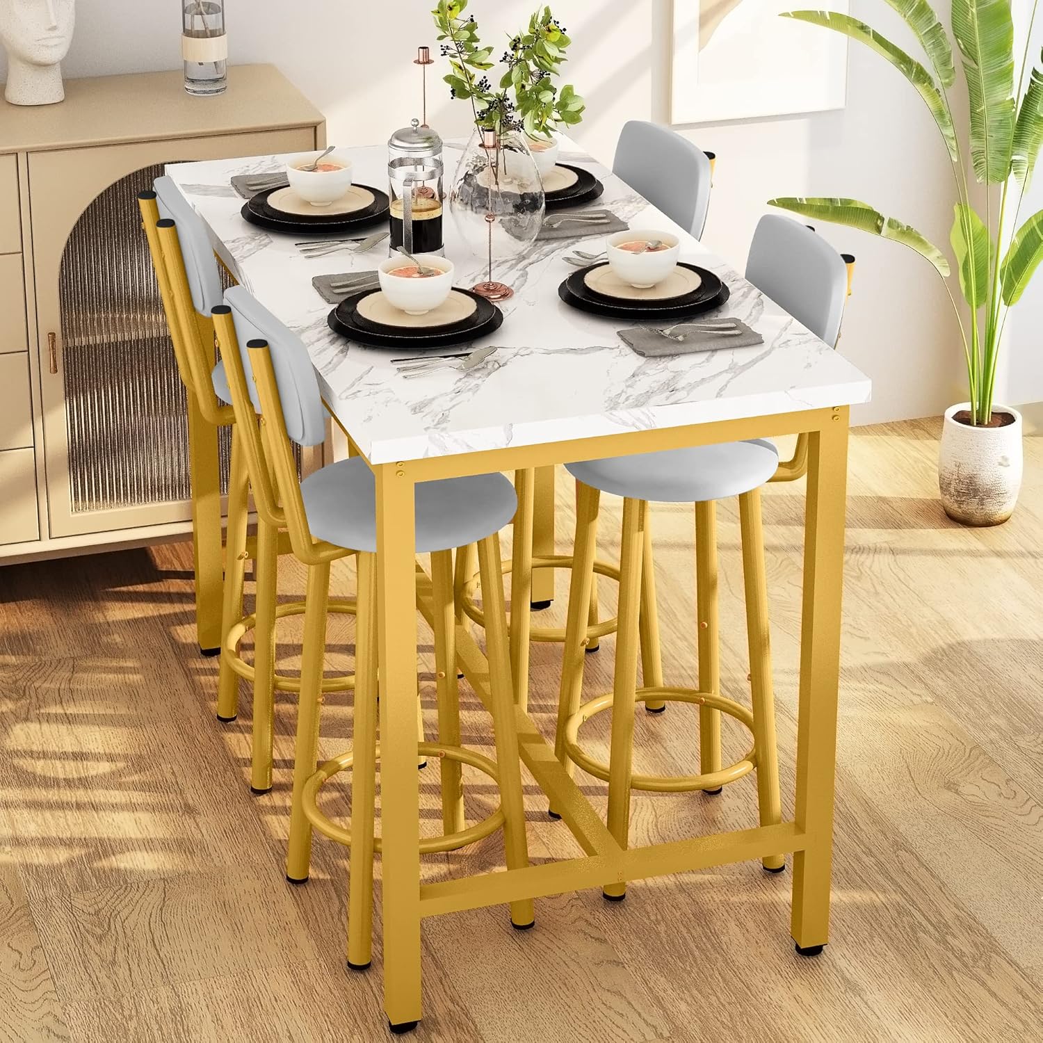 LinkRomat Modern Dining Table Set for 4,Artificial Marble Surface with 4 PU Cushioned Chairs,bar high table and chair sets,White
