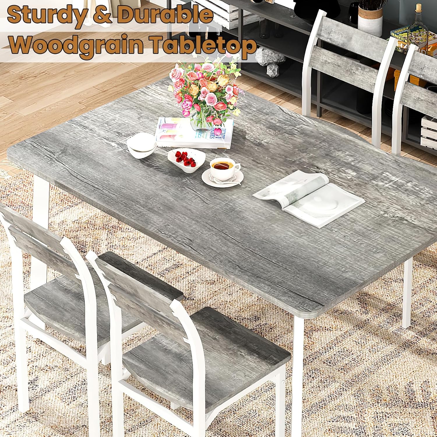 LinkRomat Farmhouse Dining Table Set for 4, Kitchen Table and Chairs for Dining Room, Small Spaces, Easy Assembly & Sturdy